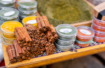 Spices, nuts and other food for sale at a market in the old city Jerusalem, Israel