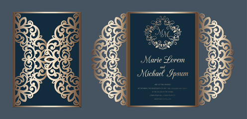 Laser cut wedding invitation gate fold card template vector. Paper cutting card with lace pattern.