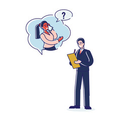 Concept Of Creation Checklist. Self Confident Businessman In Formal Suite Write Notes In Notebook. Male Character Create Checklist With Secretary Help. Cartoon Linear Outline Flat Vector Illustration