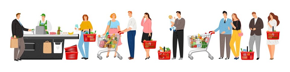 Grocery store queue. Man pay credit card on cash box. People with shopping carts with food in long waiting line vector illustration