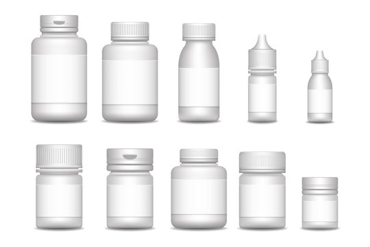 Empty pill containers. Medical Sprays. packaging for drugs: painkillers, antibiotics, vitamins and aspirin tablets.
