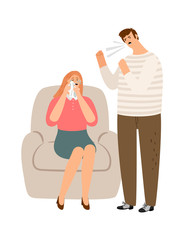 Man abusing woman. Young couple quarrel, guy screaming and girl crying. Family violence vector illustration