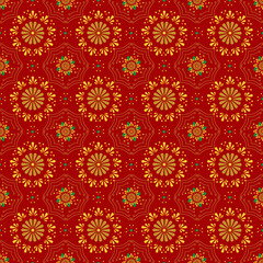 Golden floral design on red. Beautiful golden floral seamless design on a red background. EPS 10 file contains the Golden floral design swatch. There are no effects, gradients or blends. 