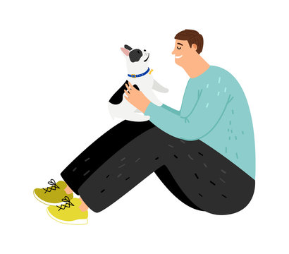 Man and french bulldog. Happy guy hugs his dog. Owner and puppy, male sitting on floor with pet vector illustration
