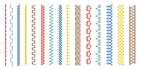 Embroidery stitch set. Cross and line stitches vector patterns, embroydery borders design for folk craft sewing and fabric threads, embellished seam collection ornaments