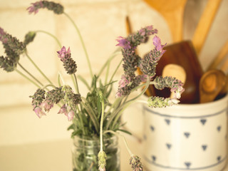 lavender flower next to kitchen shovels