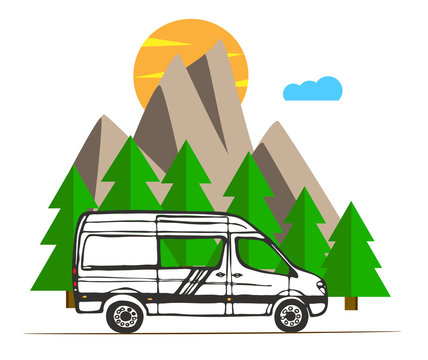 White Van With Forest And Mountains In The Background. Living Van Life, Camping In The Nature, Travelling.  Illustration. 