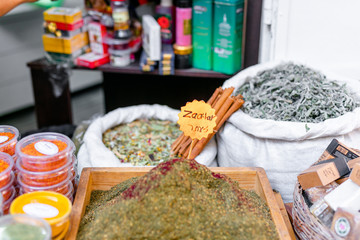 Arabian colorful spices at street market in old city of Jerusalem, Israel