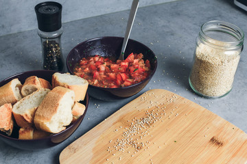 Tomato hash with paprika onion quinoa leaves