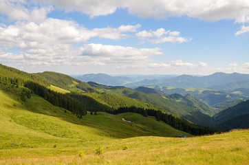 Panoramic landscape of Carpathian mountains on a sunny day. Trees on the grassy hillside meadow. Distant ridge with high peak beneath a cloudy sky. Beautiful landscape of Ukrainian Carpathians