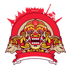 Vector illustration of barong Bali mask. Traditional ritual Balinese in red, yellow and white color. Hindu tattoo art ethnic symbol. Spiritual design for print.