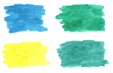 Watercolor stains blue green aquamarine yellow aquarelle hand drawn white bakground colorful