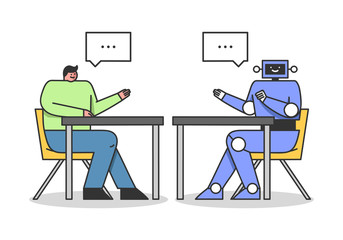Artificial intelligence Concept. Developer Is Chatting With Chatbot. Specialist Making Tests Of Questions Answers. Technology and Engineering. Cartoon Linear Outline Flat Style. Vector Illustration