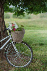 Fototapeta na wymiar An old Bicycle with a basket of flowers under a tree