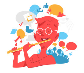 Un ragazzino che suona il flauto. Simboli della musica