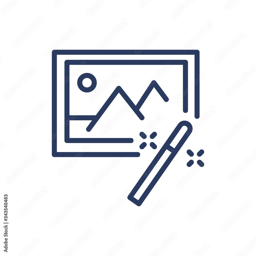 Poster magic wand for image thin line icon. improvement, creation, nature isolated outline sign. image edit