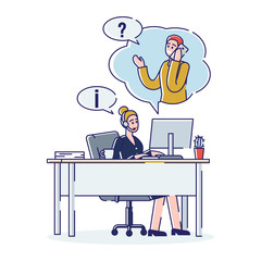 Online Support, Customer Service And Call Center Concept. Woman Call Center Office Worker. Operator In Headphones Consults And Informs Customer. Cartoon Linear Outline Flat Style Vector Illustration