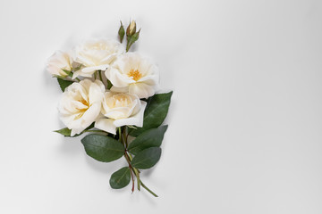 Naklejka na ściany i meble A bouquet of white garden roses on the white background with copy space on the right