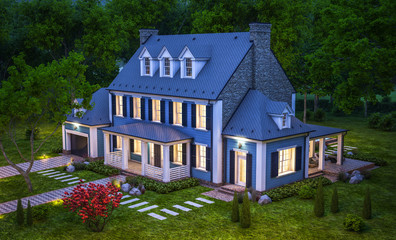 3d rendering of modern cozy classic house in colonial style with garage and pool for sale or rent with beautiful landscaping on background. Clear summer night with many stars on the sky.