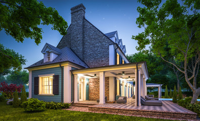 3d rendering of modern cozy classic house in colonial style with garage and pool for sale or rent with beautiful landscaping on background. Clear summer night with many stars on the sky.
