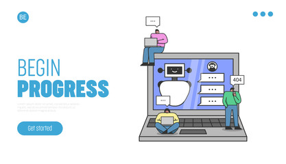 Artificial intelligence Concept. Website Landing Page. Developers Programming Conversation Scenario With Chatbot. People Ask Chatbot Question. Web Page Cartoon Linear Outline Flat Vector Illustration