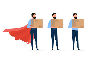 Obraz premium Set of loaders. A loader in overalls holds a box. The guy with the box in his hands. Isolated on a white background. Vector.