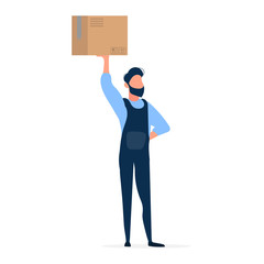 A loader holds a box over his head. The guy in the jumpsuit is holding a box. The concept of delivery and transportation of goods. Isolated. Vector.