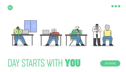 Concept Of Emotionally Drained And Burnout Syndrome. Website Landing Page. Exhausted Tired People Sitting At Workplaces In The Office. Web Page Cartoon Linear Outline Flat Style. Vector Illustration