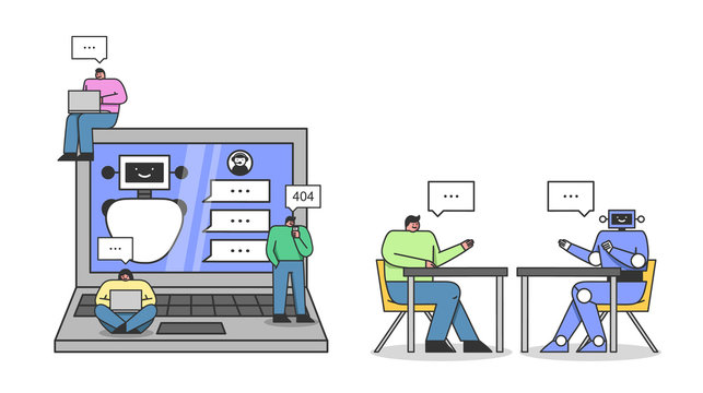 Artificial intelligence Concept. People Programming Conversation Scenario With Chatbot And Testing It On Robot. Knowledge Expertise Intelligence Learn. Cartoon Linear Outline Flat Vector Illustration