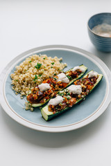 Vegetarian Lunch of Roasted Courgettes with Bulgar Wheat on Plate