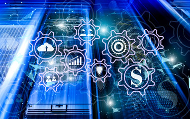 3D rendering erp system hologram against the background of plexus visualization of data and servers of modern data center