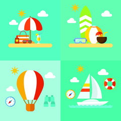 Set of summer travel and recreation icons. Flat design. Vector illustration