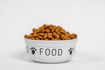 The white bowl with pet processed food, with pictures of dog paws on its sides and inscription FOOD. On white background with big copy space for any design.