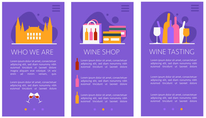 user interface for mobile phones for wine industry - wine shop, company profile and wine tasting with icons, logos and menu - flat vector illustration