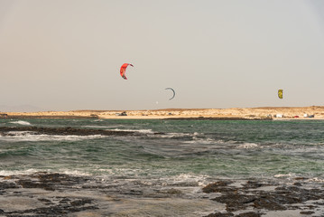 sunset on the surfers beach of Fuerteventura canary island in Spain