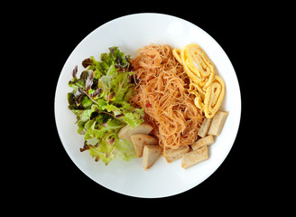 Pad Thai Noodle with Red Oak Lettuce, Pork sausage and slice Omelette.