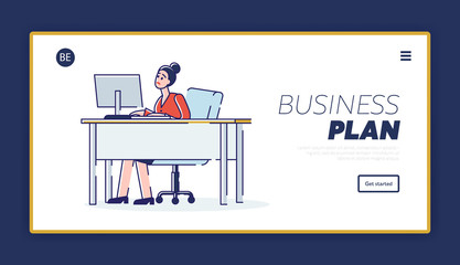 Website Landing Page. Tired Overvorked Woman Work In Office On Computer. Dissatisfied Female Character Typing On Keyboard Do Her Job On Time. Web Page Cartoon Linear Outline Flat Vector Illustration