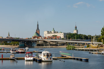 The Odra River in Szczecin and ships.