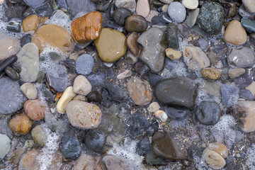 sea pebbles on a rocky beach in Sunny summer day