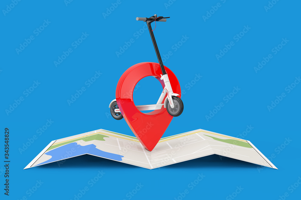 Poster white modern eco electric kick scooter with red map pointer pin over city map. 3d rendering