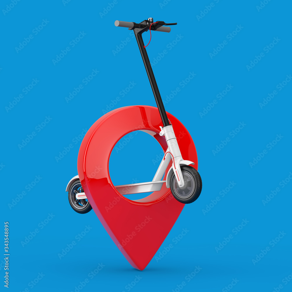 Aufkleber white modern eco electric kick scooter with red map pointer pin. 3d rendering