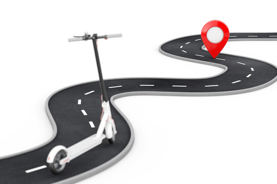 White Modern Eco Electric Kick Scooter Follow Over Winding Road to Destination Red Pin Target Pointer in the End of Road. 3d Rendering