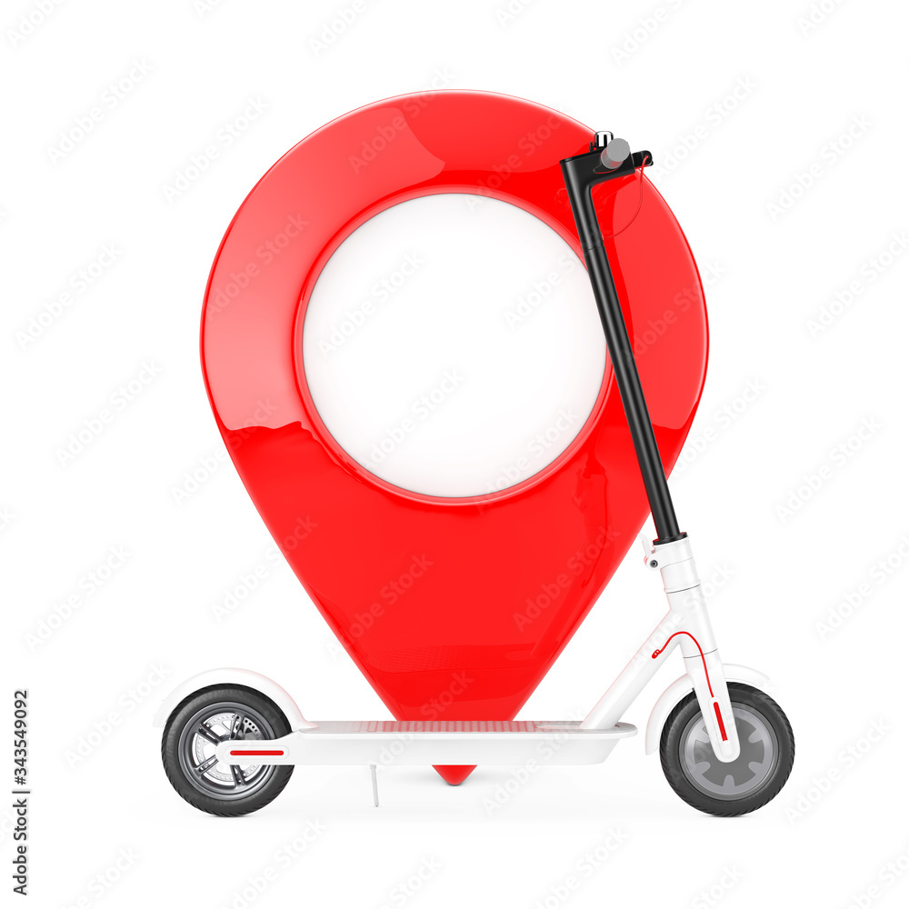 Poster white modern eco electric kick scooter with red map pointer pin. 3d rendering