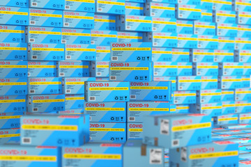 Rapid Test Device for Viral Disease Novel Coronavirus COVID-19 2019 n-CoV Cardboard Box Packages Stack in Warehouse as Background. 3d Rendering