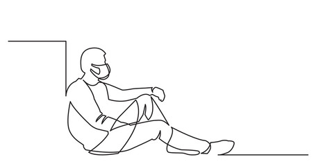 continuous line drawing of sitting man in protective mask thinking