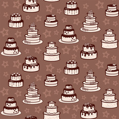 Different pale pink wedding and birthday cakes with flowers, stars and meringues on a brown background with stars. Vector seamless pattern for bakery, cafe, sweet shop, pastry shop, confectionery