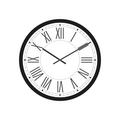 Wall clock with black frame and hands. Flat style vector illustration. Roman numeral clock isolated on white background. Wall decor. Easy to rotate hands	