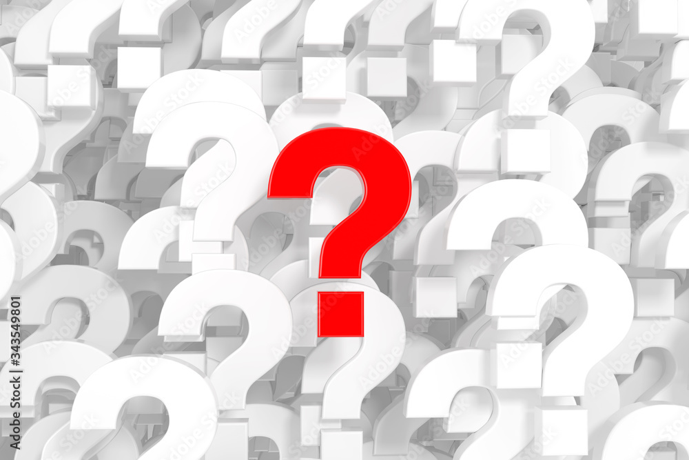 Poster a lot of white question marks as background with one red. 3d rendering