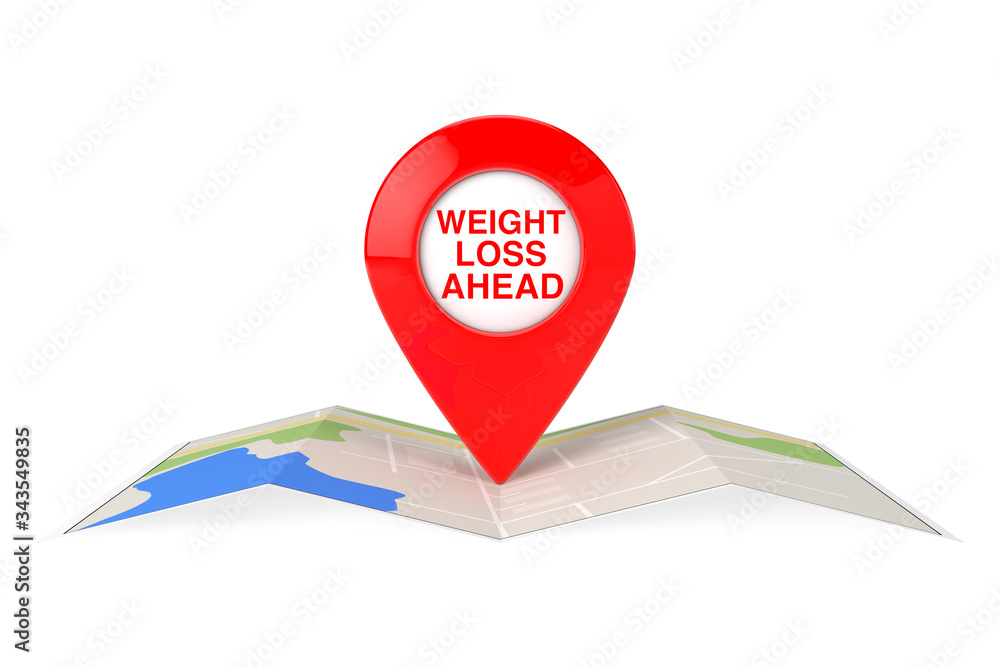 Aufkleber weight loss ahead red map pointer pin over city map. 3d rendering