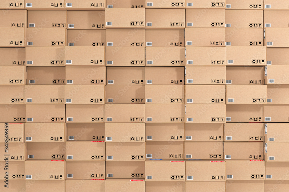 Poster logistic, distribution and delivery concept. cardboard packages and parcels boxes stack in warehouse